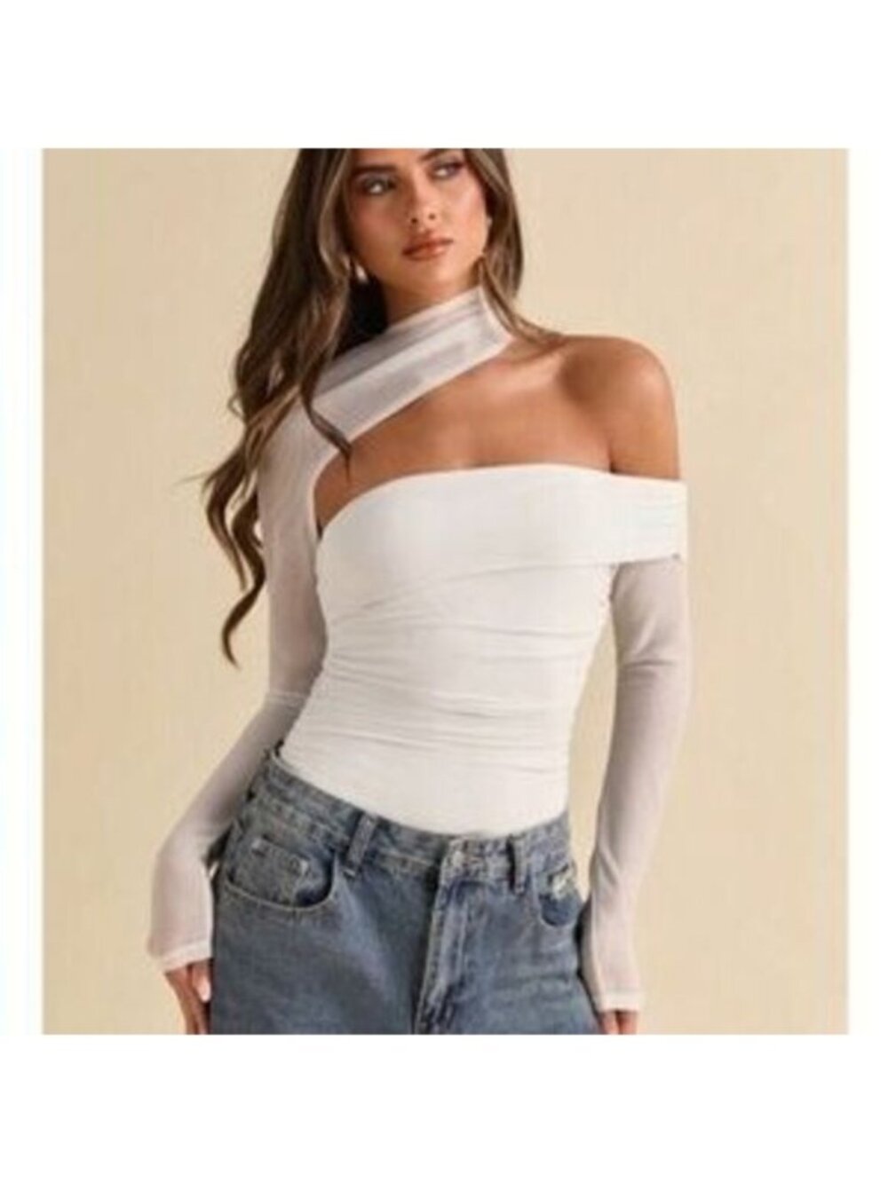 White Asymmetrical Long Sleeve Slim Bodysuit